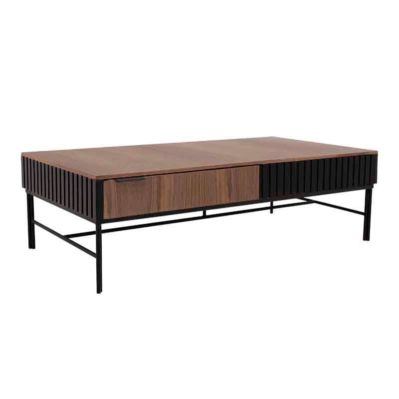 Mesa de centro Jess de madera de pino y chapa de nogal en acabado negro, con dimensiones de 120x60x35 cm.