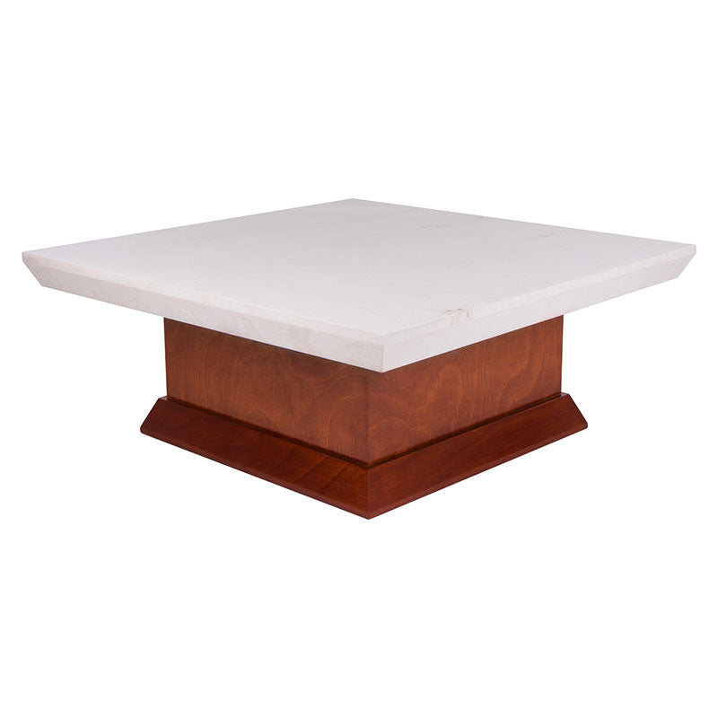 Mesa de centro Mond de Deurope con tapa de mármol y estructura en chapa de caoba, tamaño 100x100 cm.