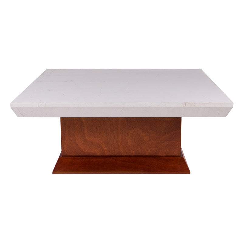 Mesa de centro Mond de Deurope con tapa de mármol y acabado en caoba, de 100 cm de ancho y 43 cm de alto.