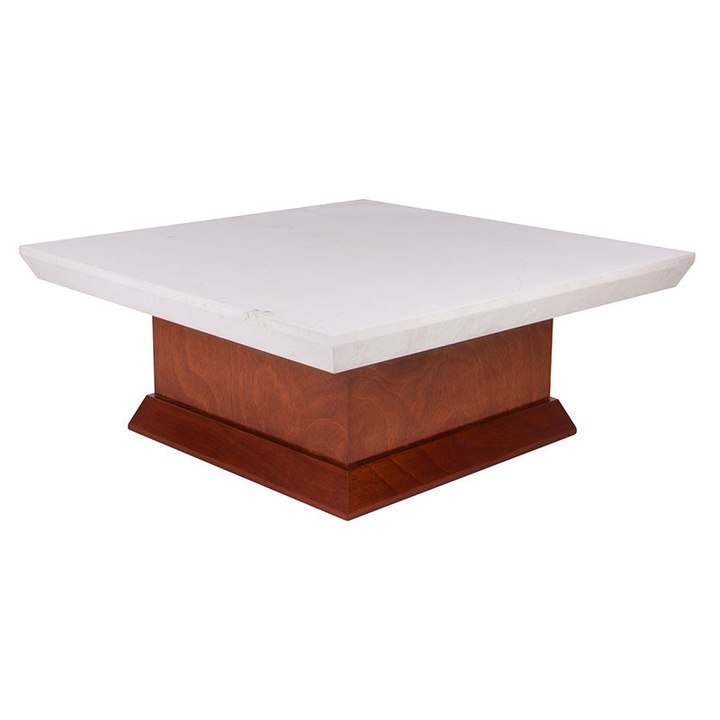 Mesa de centro Mond de deurope con tapa de mármol y chapa de caoba, madera en tono tabaco, medidas 100x43x100 cm.