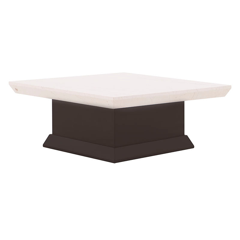 Mesa de centro Mond de Deurope con tapa de mármol y acabado en caoba, tamaño 100x100 cm, altura 43 cm, estilo elegante.