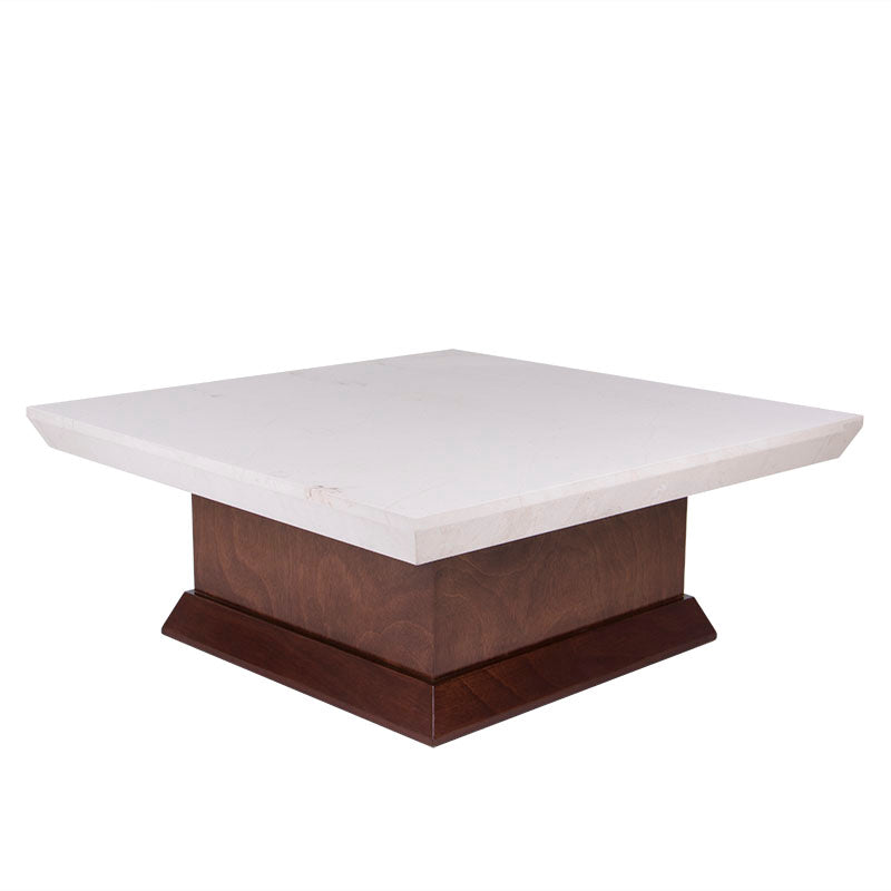 Mesa de centro Mond de Deurope con tapa de mármol y acabado en caoba, de 100 cm de ancho y 43 cm de alto.