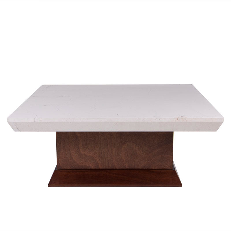 Mesa de centro Mond de Deurope con tapa de caoba y mármol en color tabaco, medida 100x100 cm, altura 43 cm.