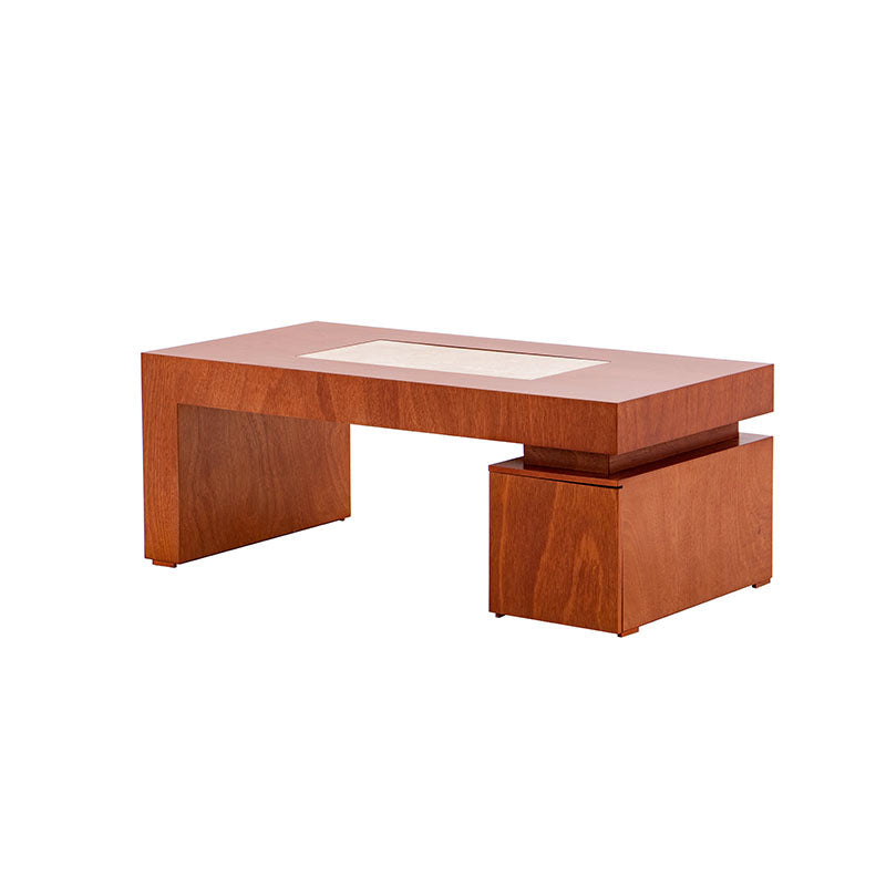 Mesa de centro Tamayo de madera de caoba con placa de mármol, en color tabaco, con dimensiones de 120x45x60 cm.