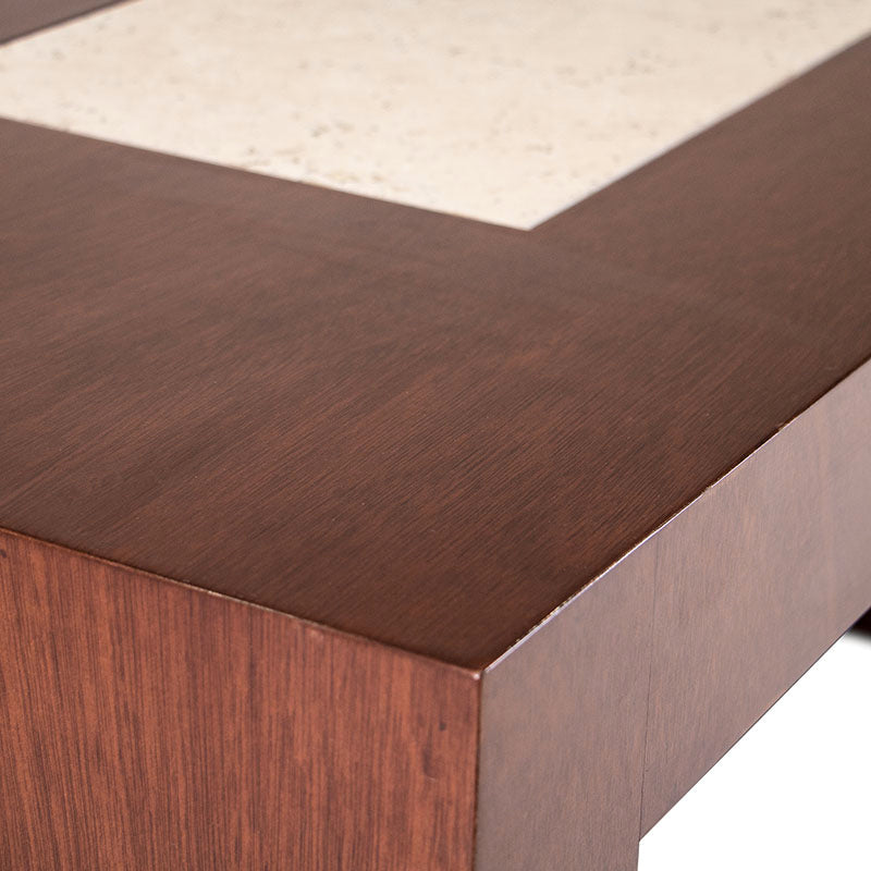 Mesa de centro Tamayo de madera con chapa de caoba y placa de mármol, 120 cm de largo, 45 cm de alto, 60 cm de fondo.