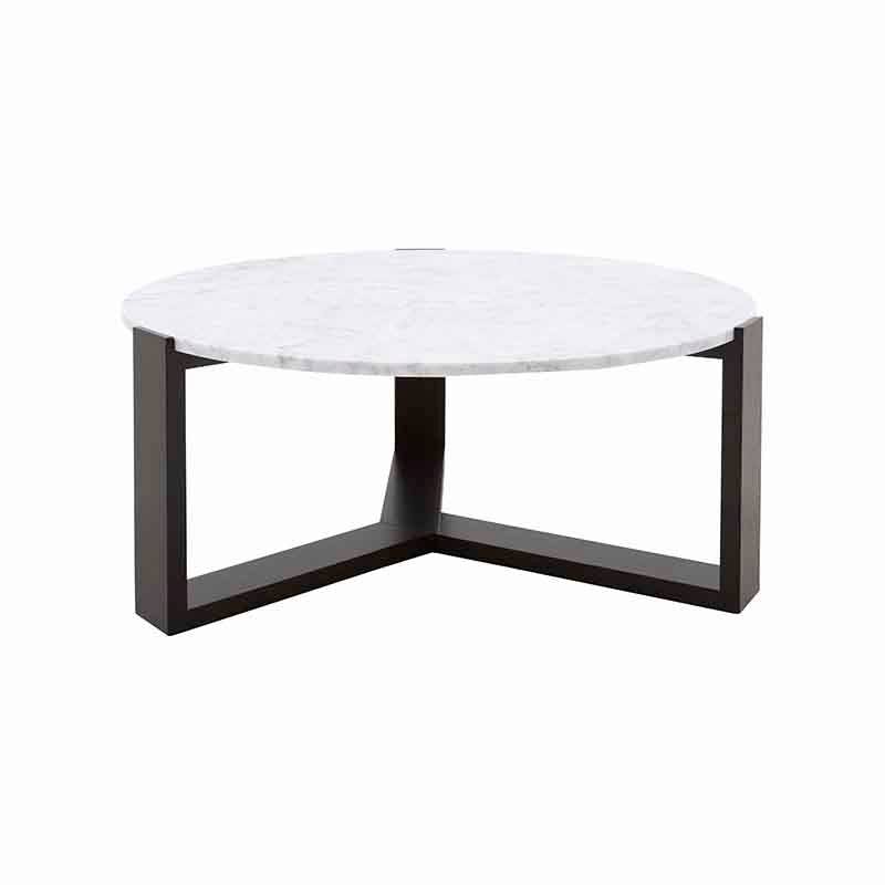 Mesa de centro Plati de Deurope con base de chapa de nogal, cubierta de mármol veneciano, diámetro 100 cm y altura 45 cm