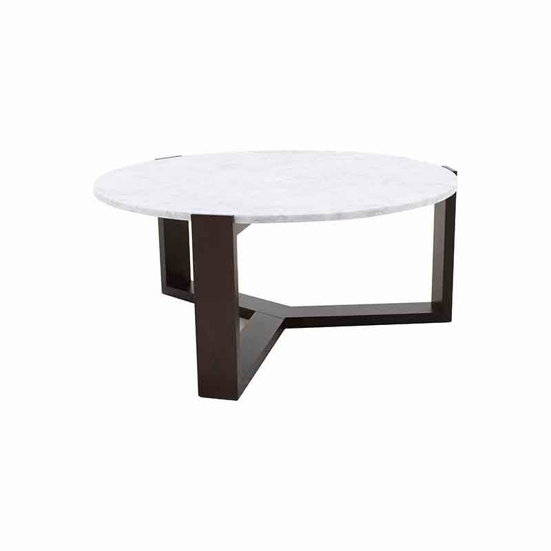 Mesa de centro Plati de Deurope en acabado wengué con chapa de nogal y cubierta de mármol veneciano, diámetro 100 cm y altura 45 cm.