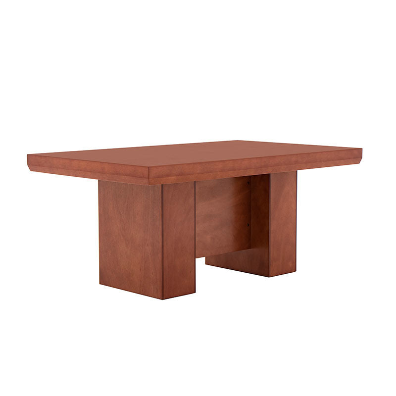 Mesa de comedor Siena de 9 piezas en madera color café almendra, vista frontal, tamaño 150x75x150 cm.