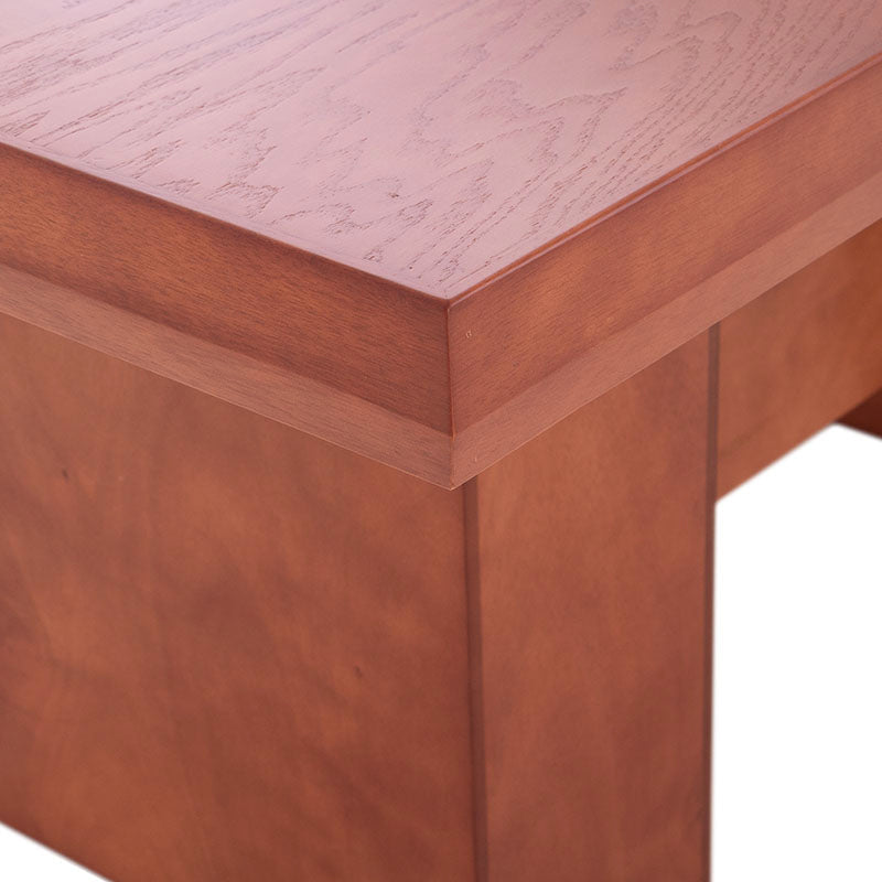 Juego de comedor Siena de 9 piezas con mesa de madera en color café almendra, vista frontal, tamaño 150x75 cm.