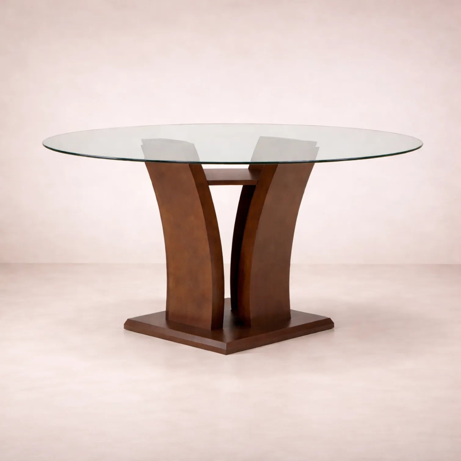 Juego de comedor Tulip de 5 piezas en madera nogal con cubierta de cristal, mesa de 140 cm de diámetro y 78 cm de altura.