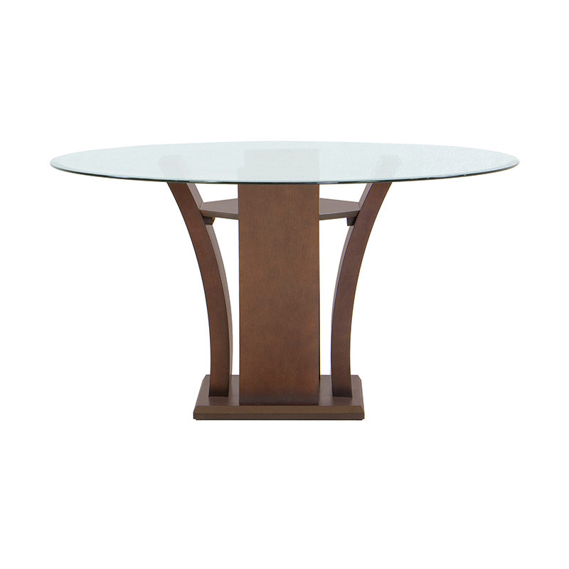 Mesa de comedor Tulip de 5 piezas de madera nogal con cubierta de cristal y estructura de metal, diámetro 140 cm y altura 78 cm.