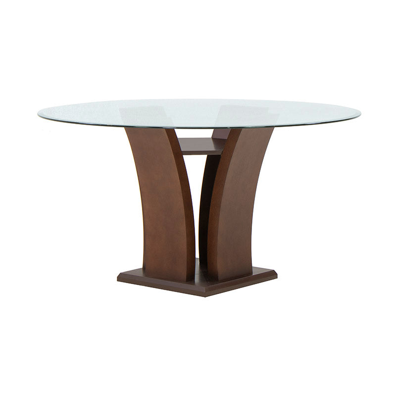 Juego de comedor Tulip de deurope con mesa de madera nogal, cubierta de cristal, diámetro 140 cm y altura 78 cm.