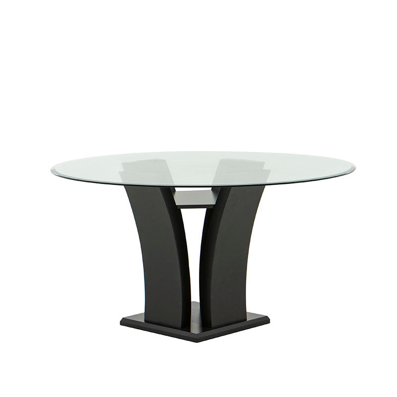 Juego de comedor Tulip de 5 piezas con mesa de madera nogal, cubierta de cristal, en color café, tamaño 140 cm diámetro y 78 cm alto.