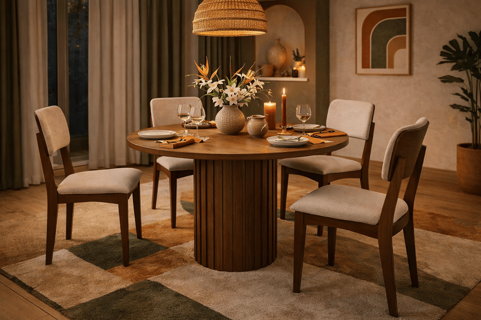 Juego de comedor Tulip de 5 piezas con mesa de madera estilo mediterráneo, visible en imagen con diseño elegante y moderna.