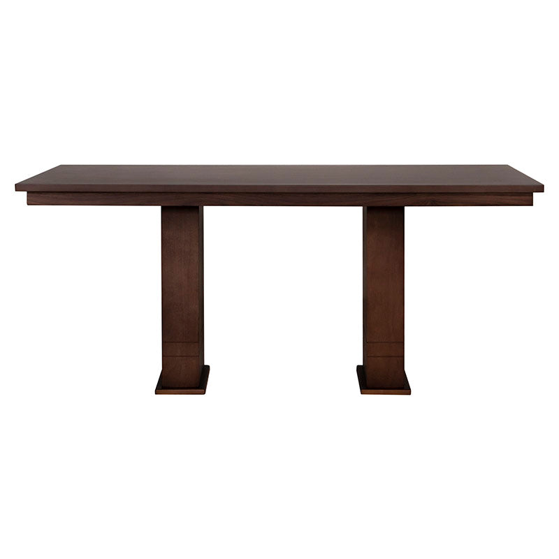 Juego de comedor Quetzal de 7 piezas con mesa de nogal y chapa de nogal, vista frontal, dimensiones 160x80x100 cm.