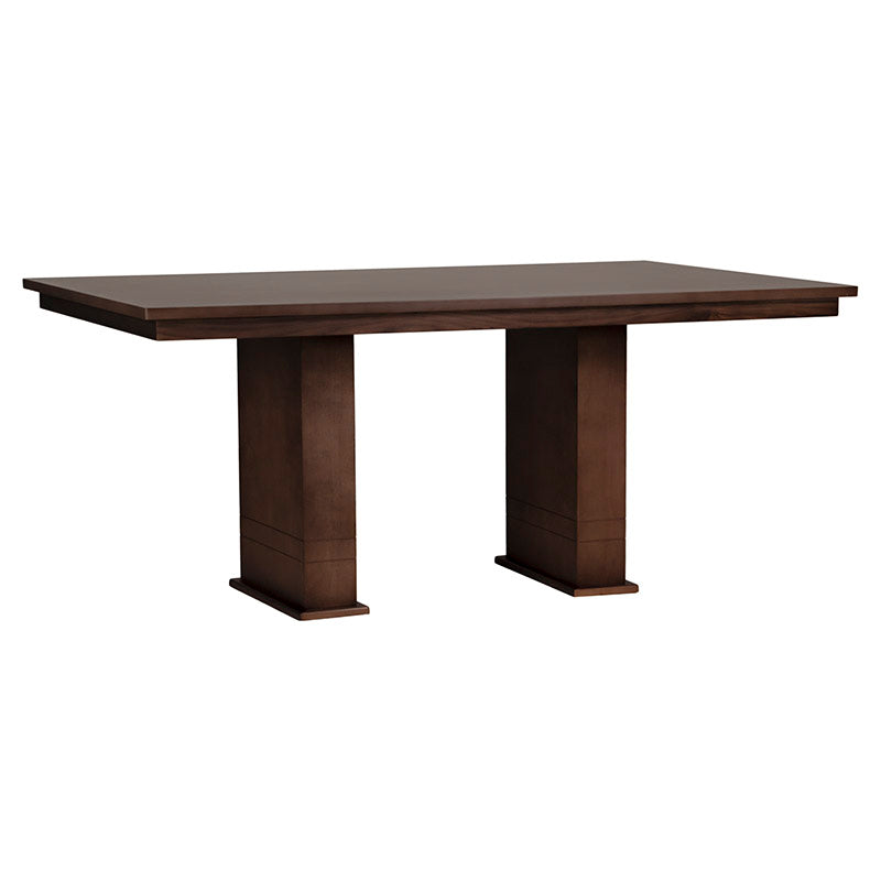 Juego de comedor Quetzal de 7 piezas, mesa de nogal con chapa de nogal, vista frontal, dimensiones 160x80x100 cm.