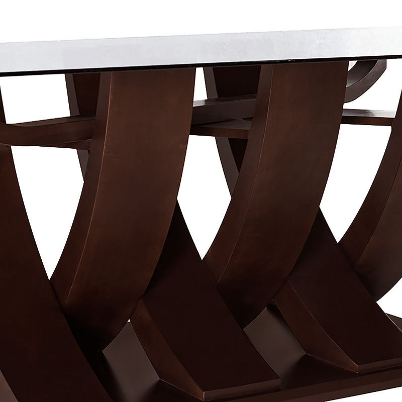 Juego de comedor Aragón de madera con cubierta de cristal, incluye 8 piezas, mesa rectangular de nogal y acabado en color oscuro.