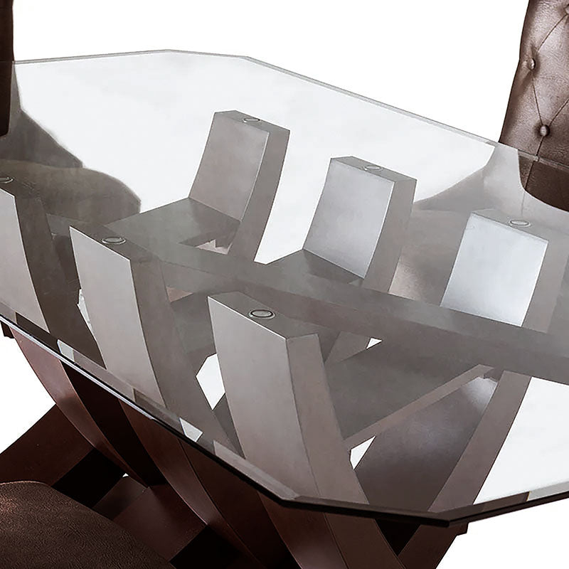 Juego de comedor Aragón de 8 piezas con mesa de cristal y estructura de madera en color nogal, deurope.com.mx.