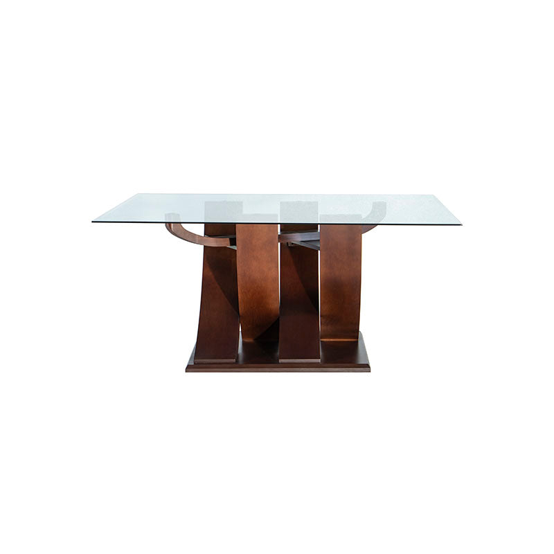 Juego de comedor Aragón de 8 piezas de madera con cubierta de cristal, en color nogal, con mesa de 160 cm de largo y 78 cm de alto.