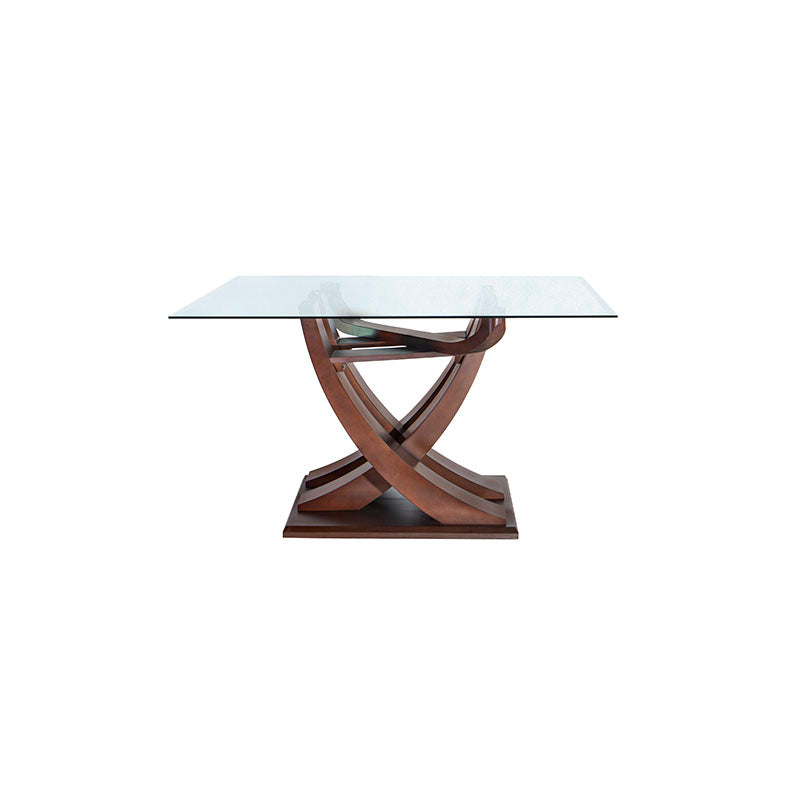 Juego de comedor Aragón de 8 piezas con mesa de cristal, estructura de madera nogal y detalles en negro, tamaño 160x78x130 cm.