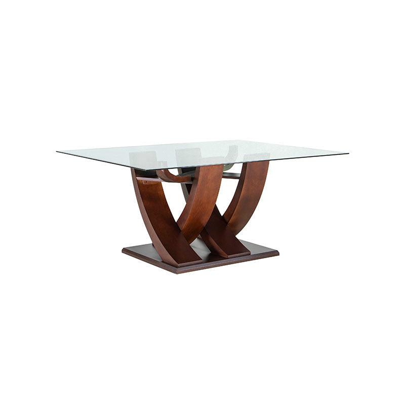 Juego de comedor Aragón de madera con mesa de cristal y 8 piezas, en acabado nogal, con dimensiones de 160x78x130 cm.