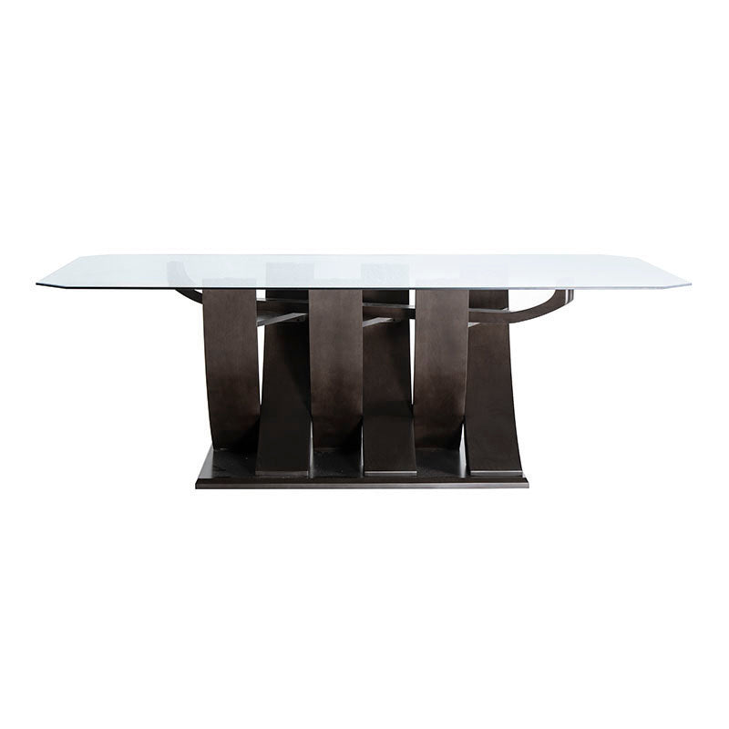 Juego de comedor Aragón de 8 piezas con mesa de cristal y estructura de madera nogal, dimensiones 160x78x130 cm.