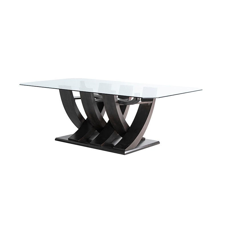 Juego de comedor Aragón de madera nogal con cubierta de cristal, incluye 8 piezas y mide 160x78x130 cm.