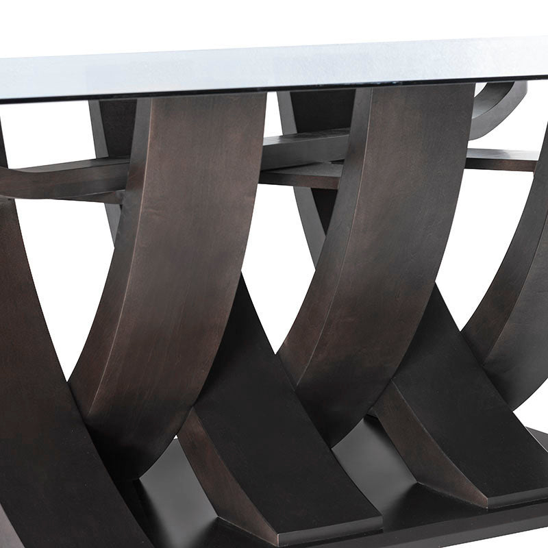 Juego de comedor Aragón de 8 piezas con mesa de cristal y estructura de madera nogal, vista frontal.