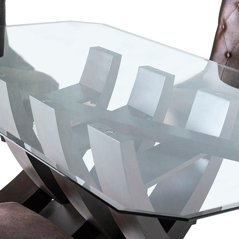 Juego de comedor Aragón de 8 piezas con mesa de cristal y estructura de madera en color nogal, deoupe.com.mx