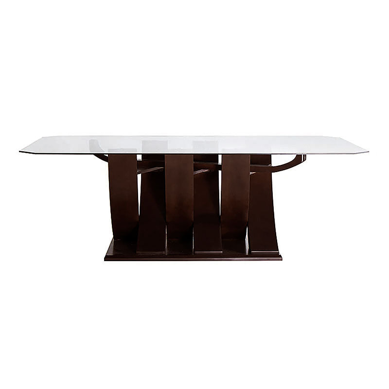 Juego de comedor de madera nogal con cubierta de cristal, incluye 8 piezas y mide 160x78x130 cm en color nogal.