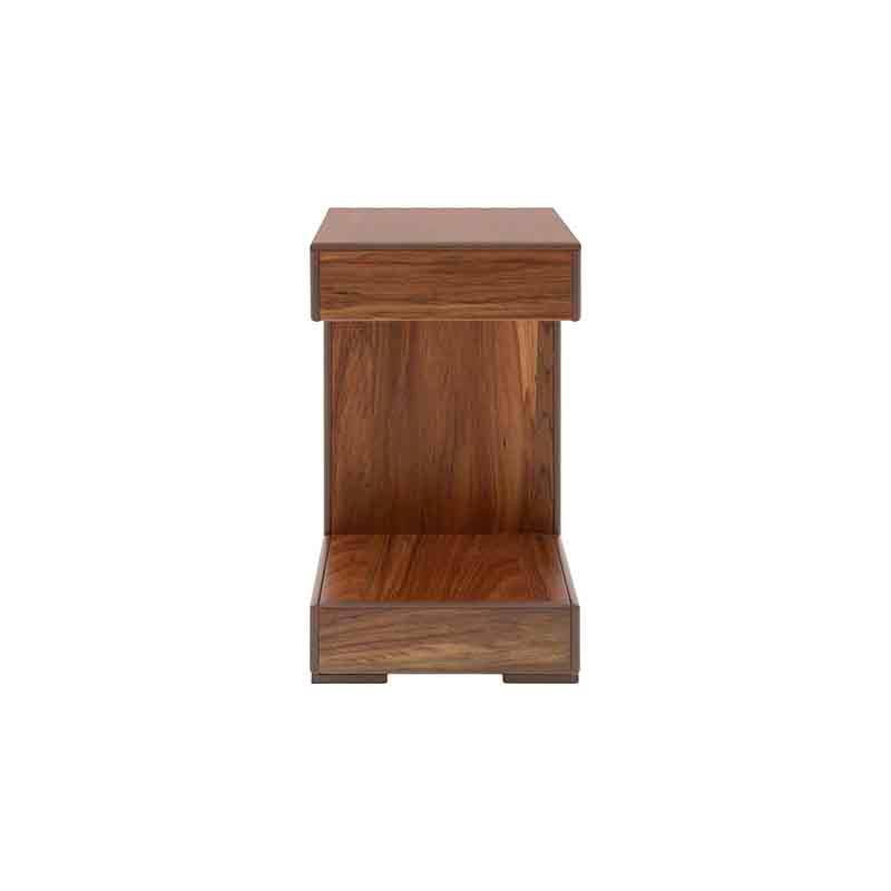 Mesa lateral Tabachin de madera de tzalam en tono café claro, con dimensiones de 35x62x35 cm, estilo moderno y elegante.