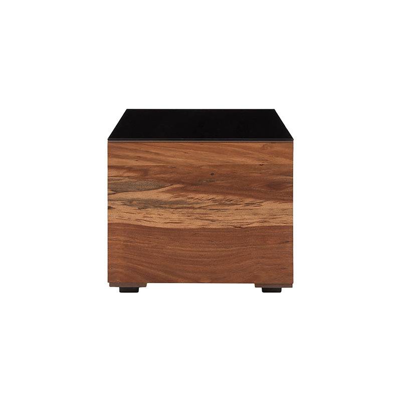 Mesa lateral Abudabi de europé.com.mx, en color café claro y negro, con chapa de tzalam, frente de 50 cm y altura de 43 cm.