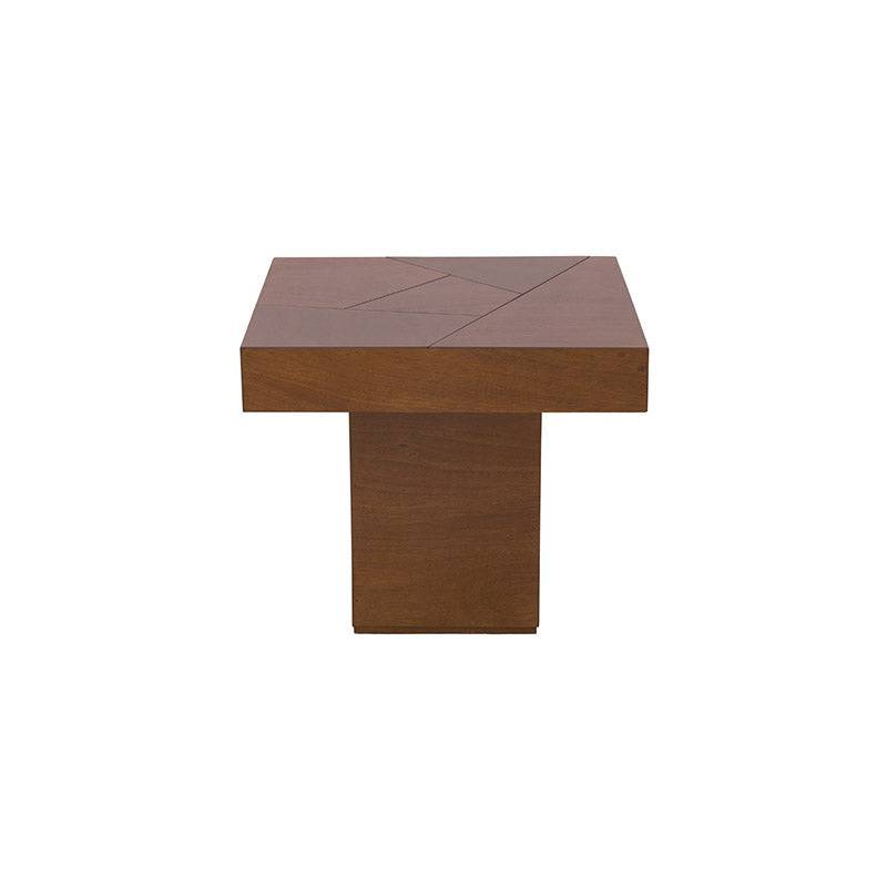 Mesa lateral Quetzal deurope.com.mx, con acabado en chapa de okume y diseño en color café, frente de 60 cm, altura de 52 cm.