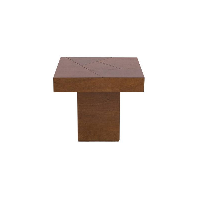 Mesa lateral Quetzal de europe.com.mx, con acabado en chapa de okumé y estructura de madera, frente de 60 cm, altura 52 cm y fondo 60 cm.