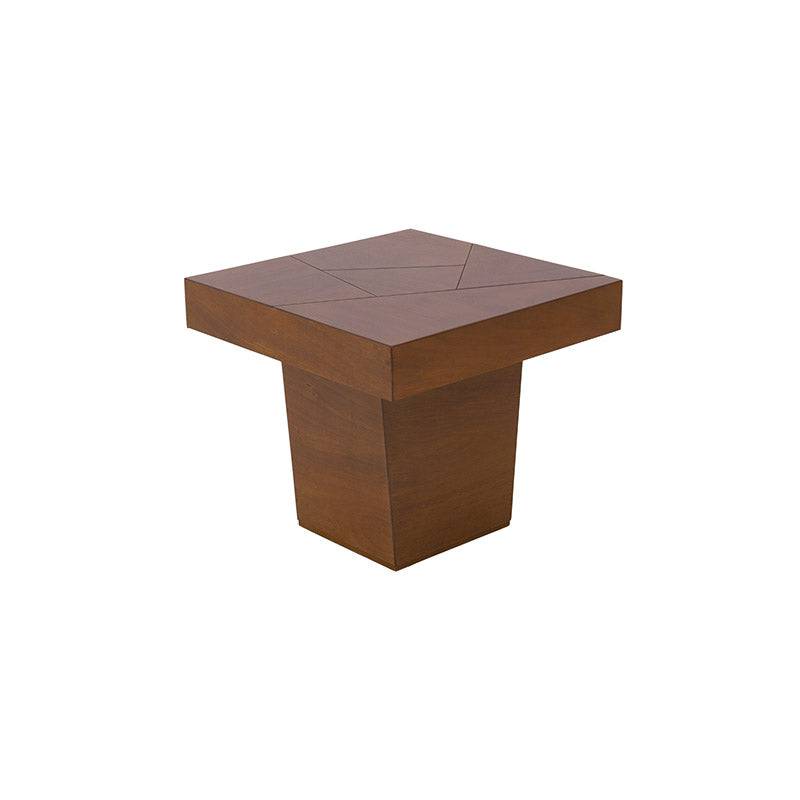 Mesa lateral Quetzal deoupe.com.mx con acabado en chapa de okume y estructura de madera en color café.