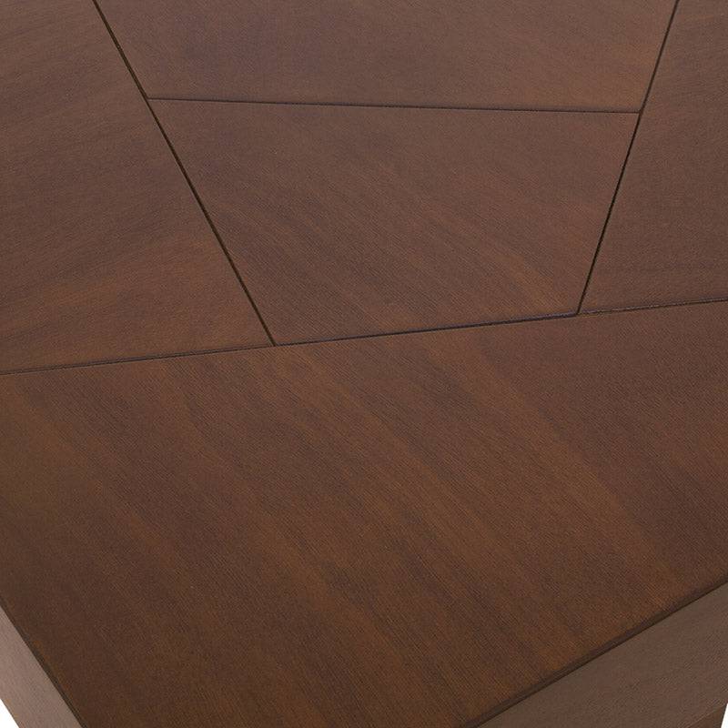 Mesa lateral Quetzal deoupe.com.mx en madera de tzalam y chapa de okumé, con superficie café, frente de 60 cm, alto 52 cm, fondo 60 cm.