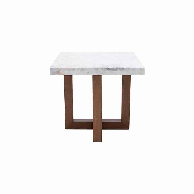 Mesa lateral Kaori de maderas y mármol veneciano, con superficie de 60 cm, altura de 54 cm y diseño elegante en estilo moderno.