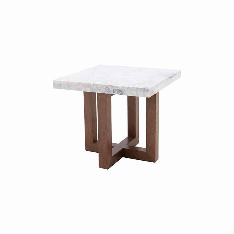 Mesa lateral Kaori deurope.com.mx en nogal con chapa de nogal y cubierta de mármol veneciano, frente de 60 cm, alto 54 cm, fondo 60 cm.