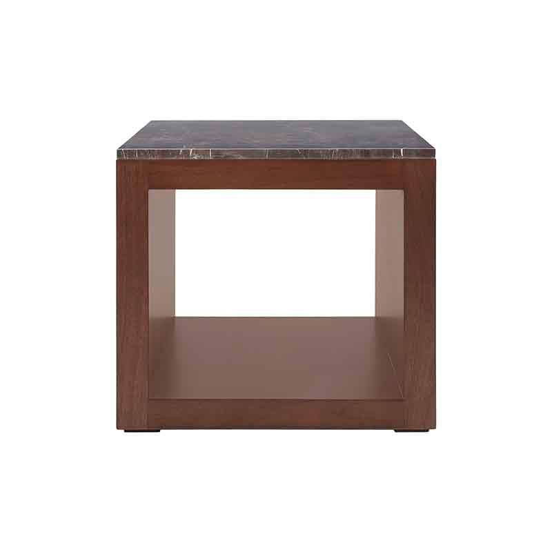 Mesa lateral Berne de madera nogal y gris con cubierta de mármol Santo Tomás, 60x57x60 cm, estilo moderno y elegante.
