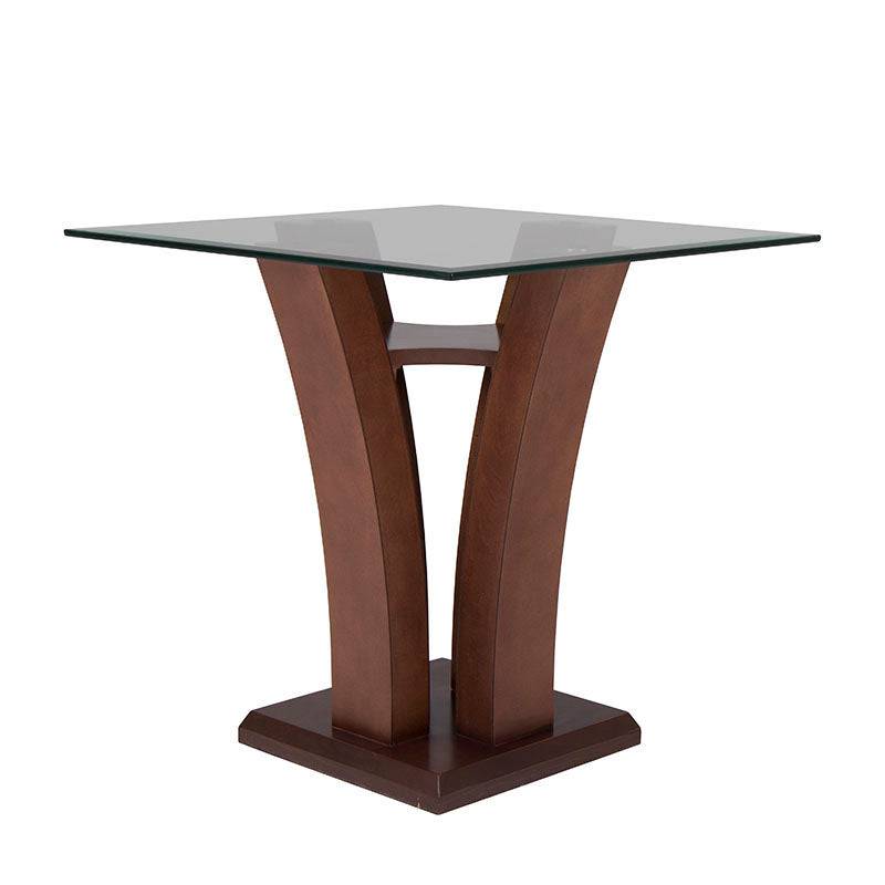 Mesa lateral Tulip de madera nogal con cubierta de cristal, tamaño 60x50x60 cm, diseñada por deurope.com.mx.