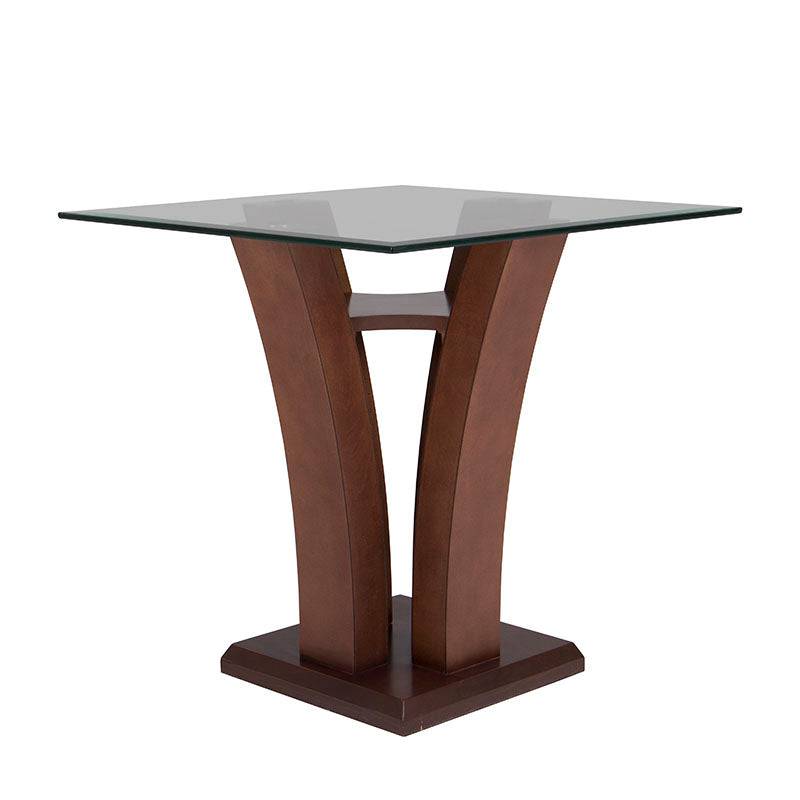 Mesa lateral Tulip de madera nogal con cubierta de cristal, diseño elegante y moderna, tamaño 60x50x60 cm.