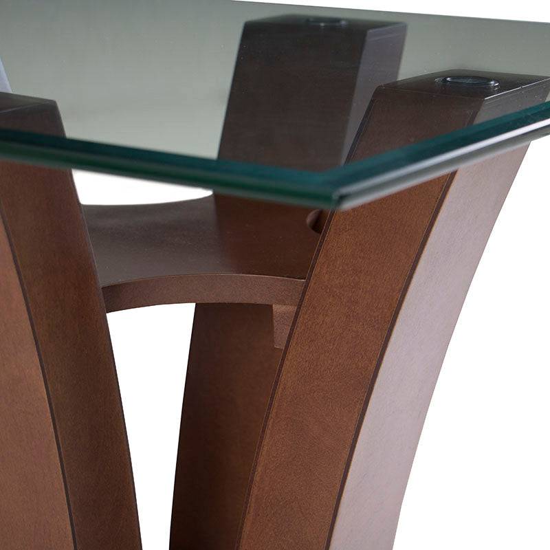 Mesa lateral Tulip de madera nogal con base de metal y cubierta de cristal, de aproximadamente 60 cm de frente y fondo, 50 cm de alto.