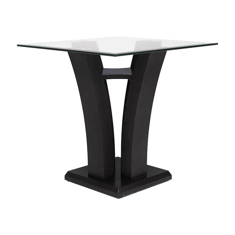 Mesa lateral Tulip de madera nogal con cubierta de cristal, de aproximadamente 60 cm de ancho y 50 cm de alto, estilo moderno.