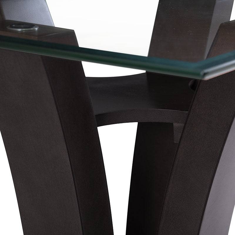 Mesa lateral Tulip de madera nogal con cubierta de cristal, moderna y elegante, tamaño 60x50x60 cm, diseñada por deurope.com.mx.