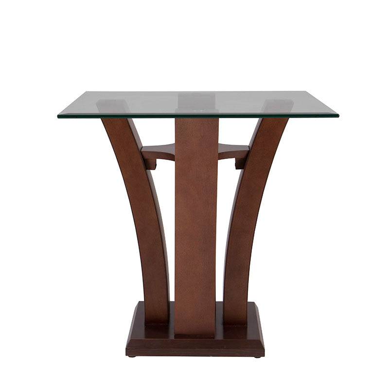 Mesa lateral Tulip de madera nogal con cubierta de cristal, frente a 60 cm, alto 50 cm y fondo 60 cm, diseño moderno y elegante.