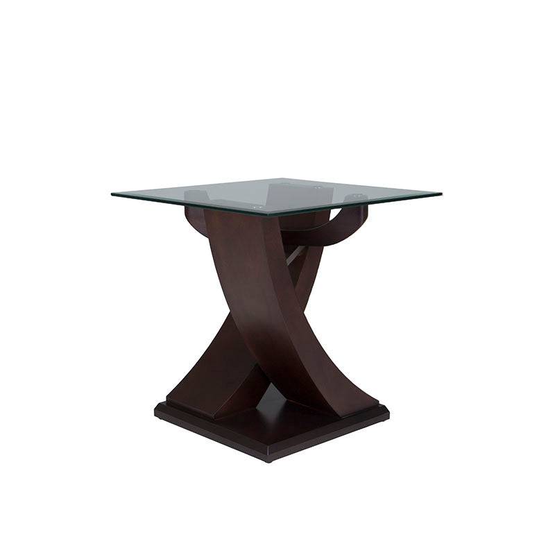 Mesa lateral Burj de madera nogal con cubierta de cristal, dimensiones 60x62x60 cm, diseño moderno y elegante.