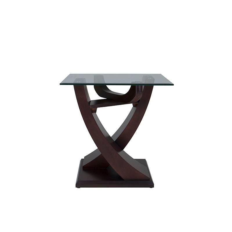 Mesa lateral Burj de madera nogal con cubierta de cristal, frente de 60 cm, altura de 62 cm y fondo de 60 cm.