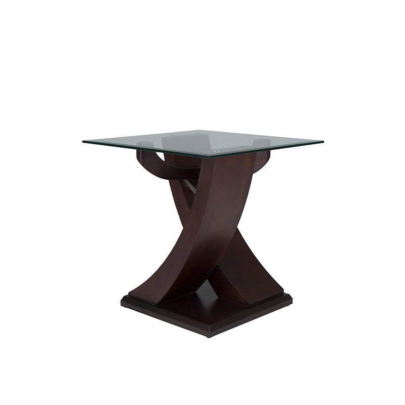 Mesa lateral Burj de madera nogal y cristal, con estructura moderna y dimensiones de 60x62x60 cm, diseño elegante y funcional.