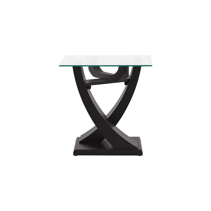 Mesa lateral Burj de madera nogal con superficie de cristal, dimensiones 60x62x60 cm, estilo moderno y elegante.