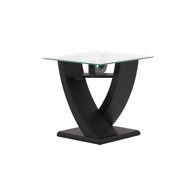 Mesa lateral Burj de madera nogal con tapa de cristal, dimensiones 60x62x60 cm, deurope.com.mx.